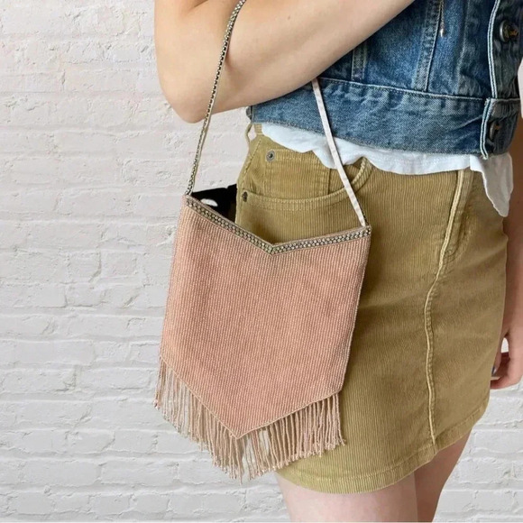 Vintage 90s/00s Blush Beaded Fringe Evening Bag w/ Rhinestone Strap - Picture 3 of 13